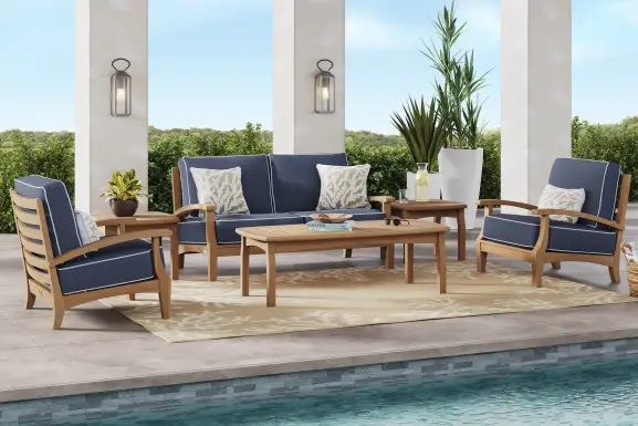 Pleasant Bay Teak Outdoor Loveseat with Indigo Cushions