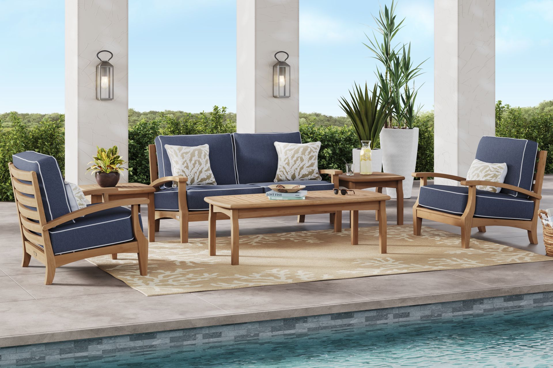 Pleasant Bay Teak 4 Pc Outdoor Loveseat Seating Set with Indigo Cushions - Image 1
