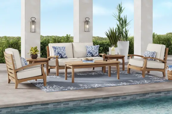 Pleasant Bay Teak 4 Pc Outdoor Loveseat Seating Set with Vapor Cushions