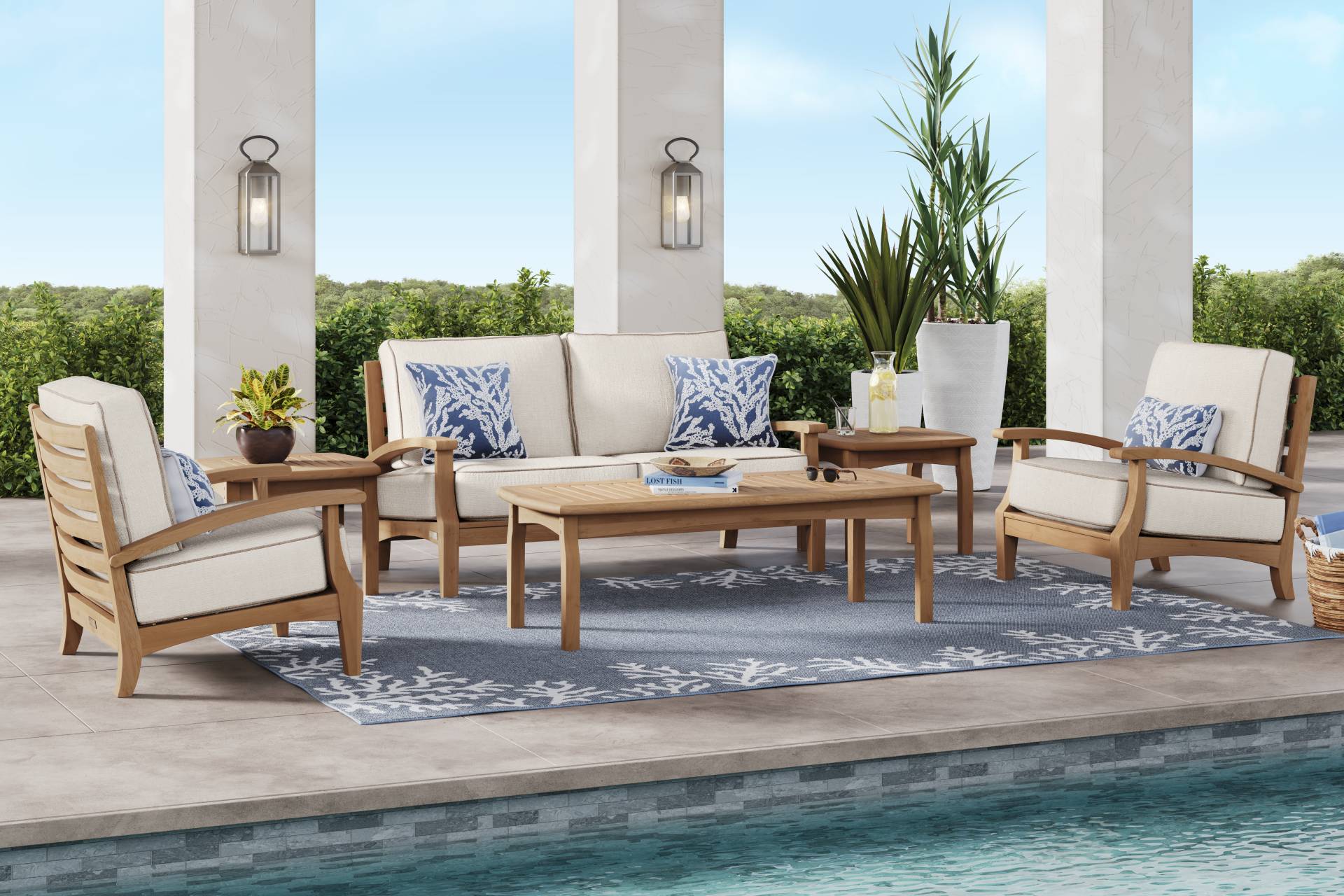 Pleasant Bay Teak 4 Pc Outdoor Loveseat Seating Set with Vapor Cushions full room