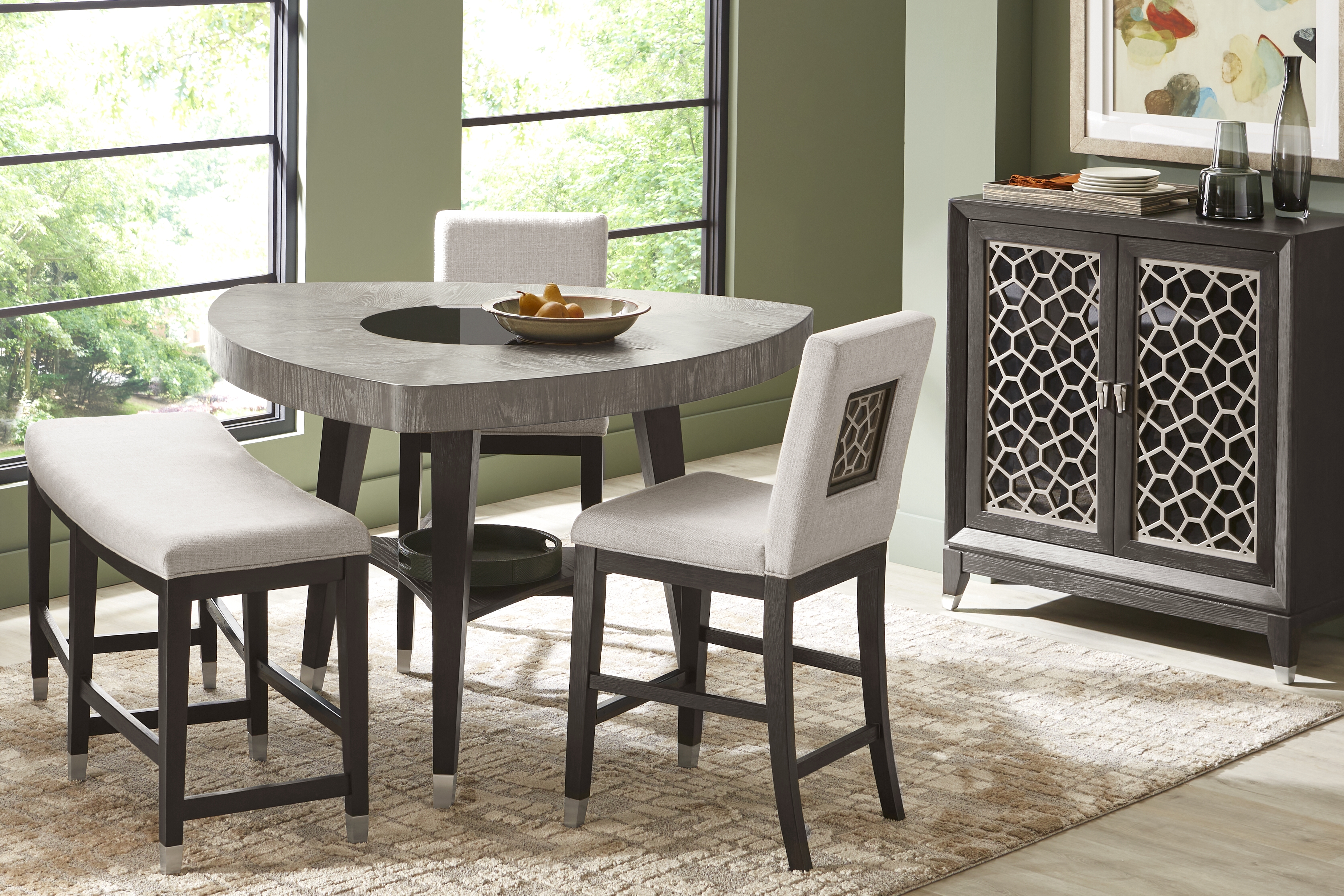 Rosalie Gray 4 Pc Counter Height Dining Room with Gray Stools and Bench - Thumbnail - Image 1