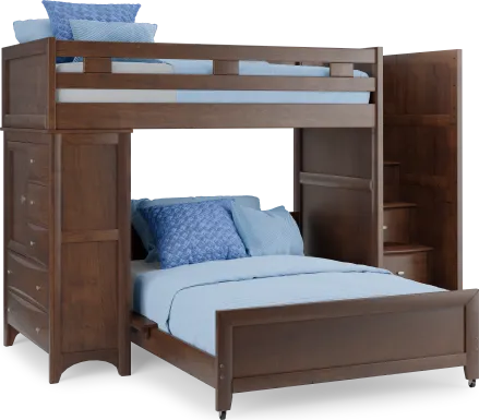 Ivy League 2.0 Walnut Full/Full Step Bunk with Chest and Bookcase