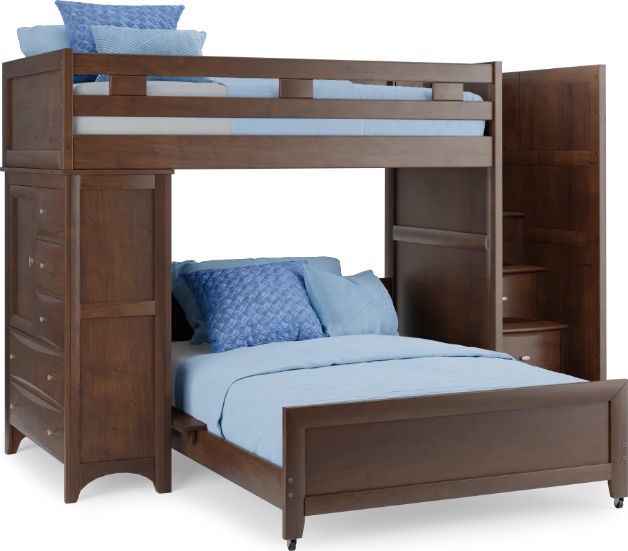Ivy League 2.0 Walnut Full/Twin Step Bunk with Chest and Bookcase