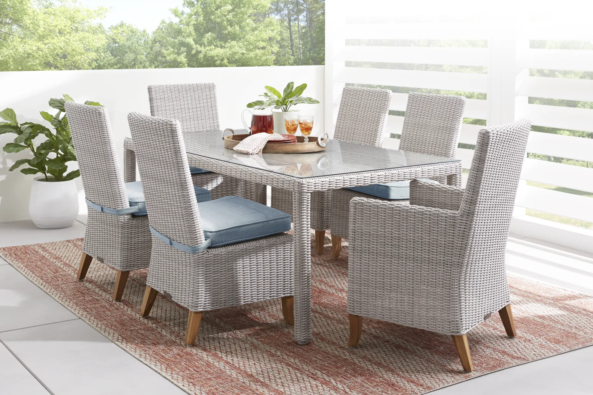 Patmos Gray 7 Pc 74 in. Rectangle Outdoor Dining Set with Steel Cushions - Image 1