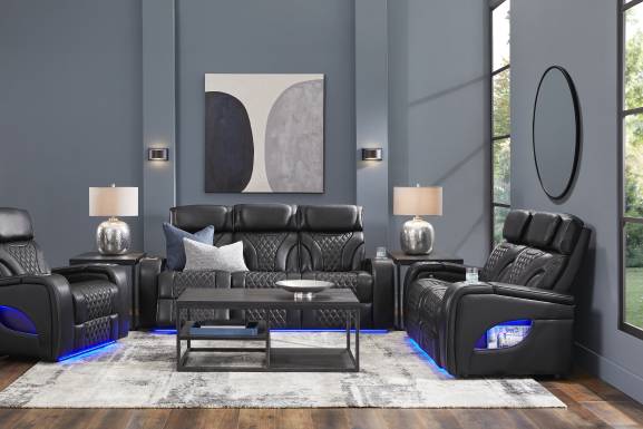 Horizon Ridge Black Leather Triple Power Reclining Sofa with Massage and Heat