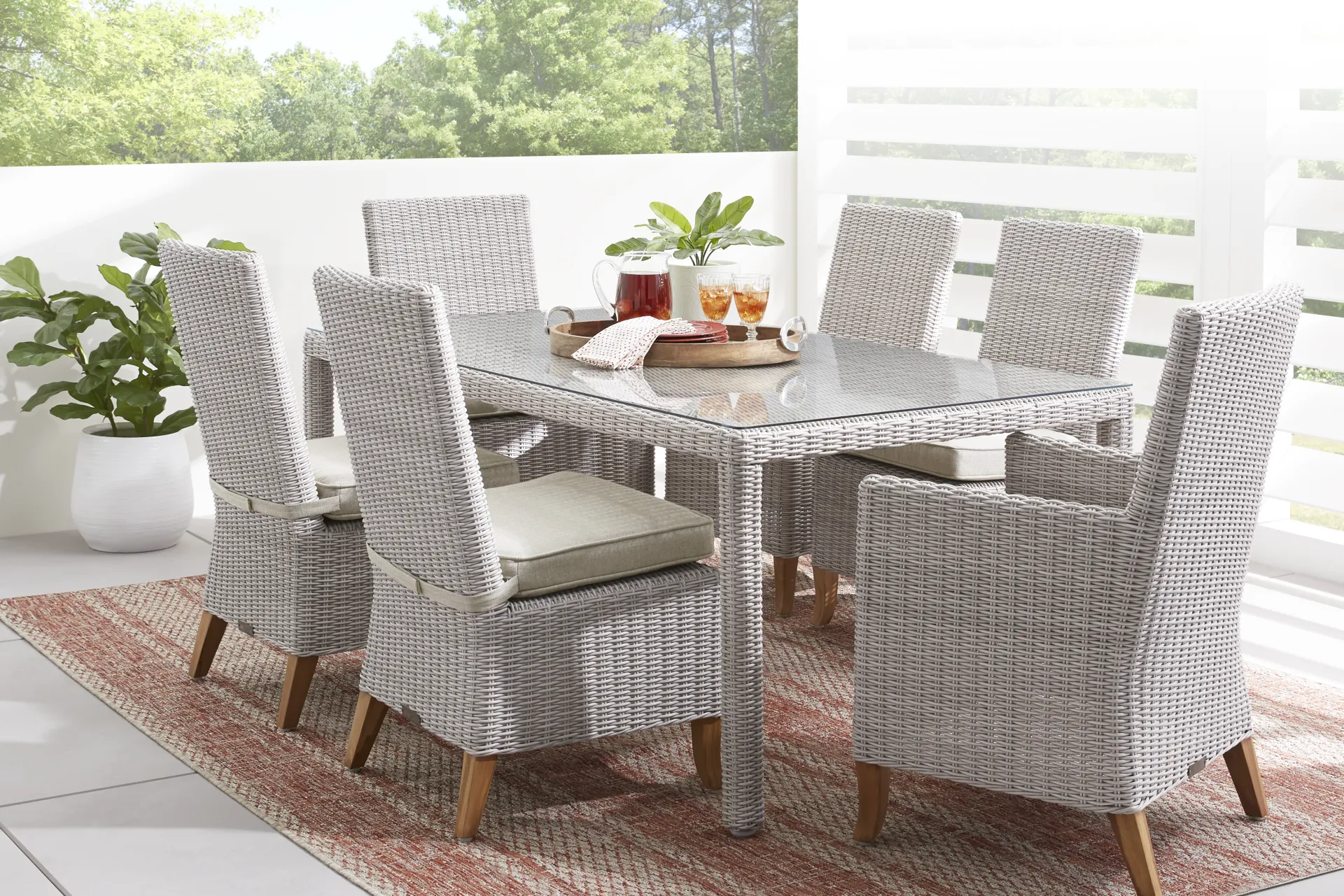 Patmos Gray 7 Pc 74 In. Outdoor Dining Room with Linen Cushions - Image 1