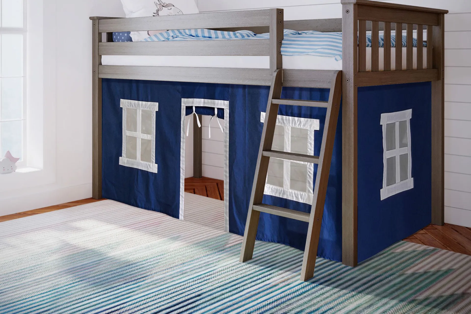 Kids Linnett Brown Twin Low Loft Bed with Blue Tent - Image 2