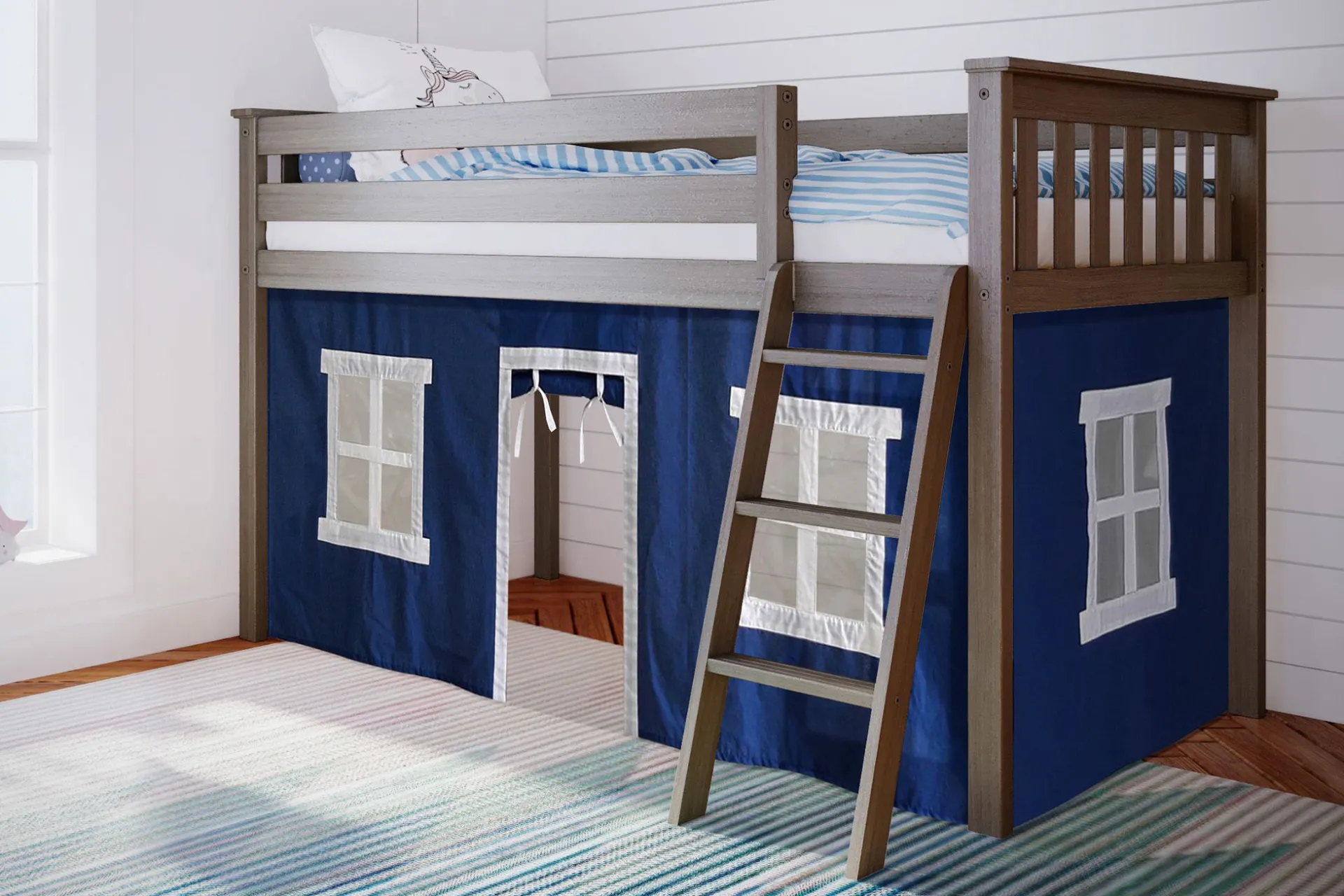 Kids Linnett Brown Twin Low Loft Bed with Blue Tent - Image 1