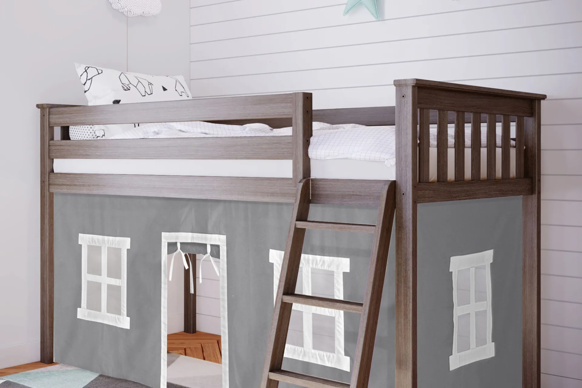 Kids Linnett Brown Twin Low Loft Bed with Gray Tent - Image 2