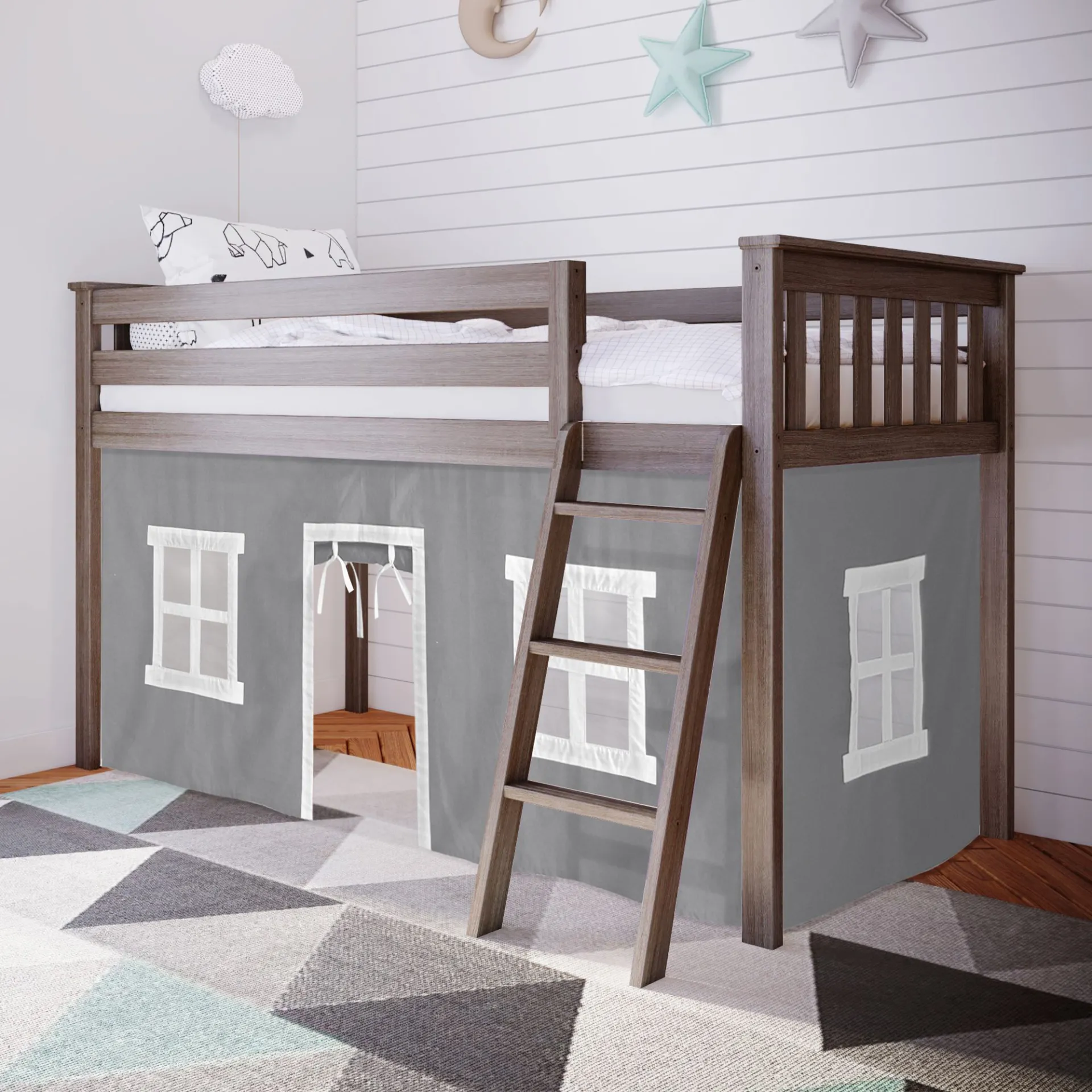 Kids Linnett Brown Twin Low Loft Bed with Gray Tent - Image 2