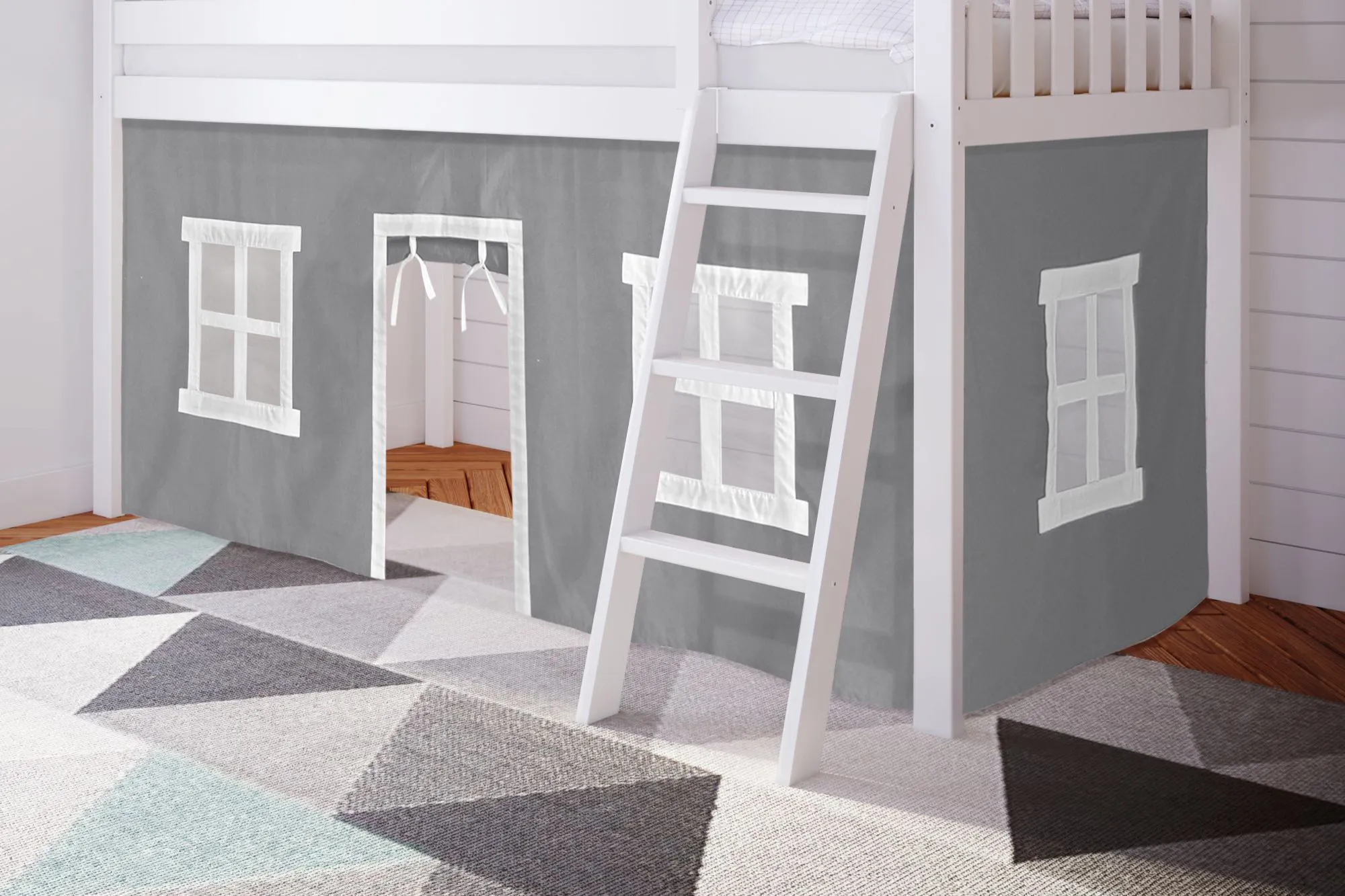 Kids Linnett White Twin Low Loft Bed with Gray Tent - Thumbnail - Image 2