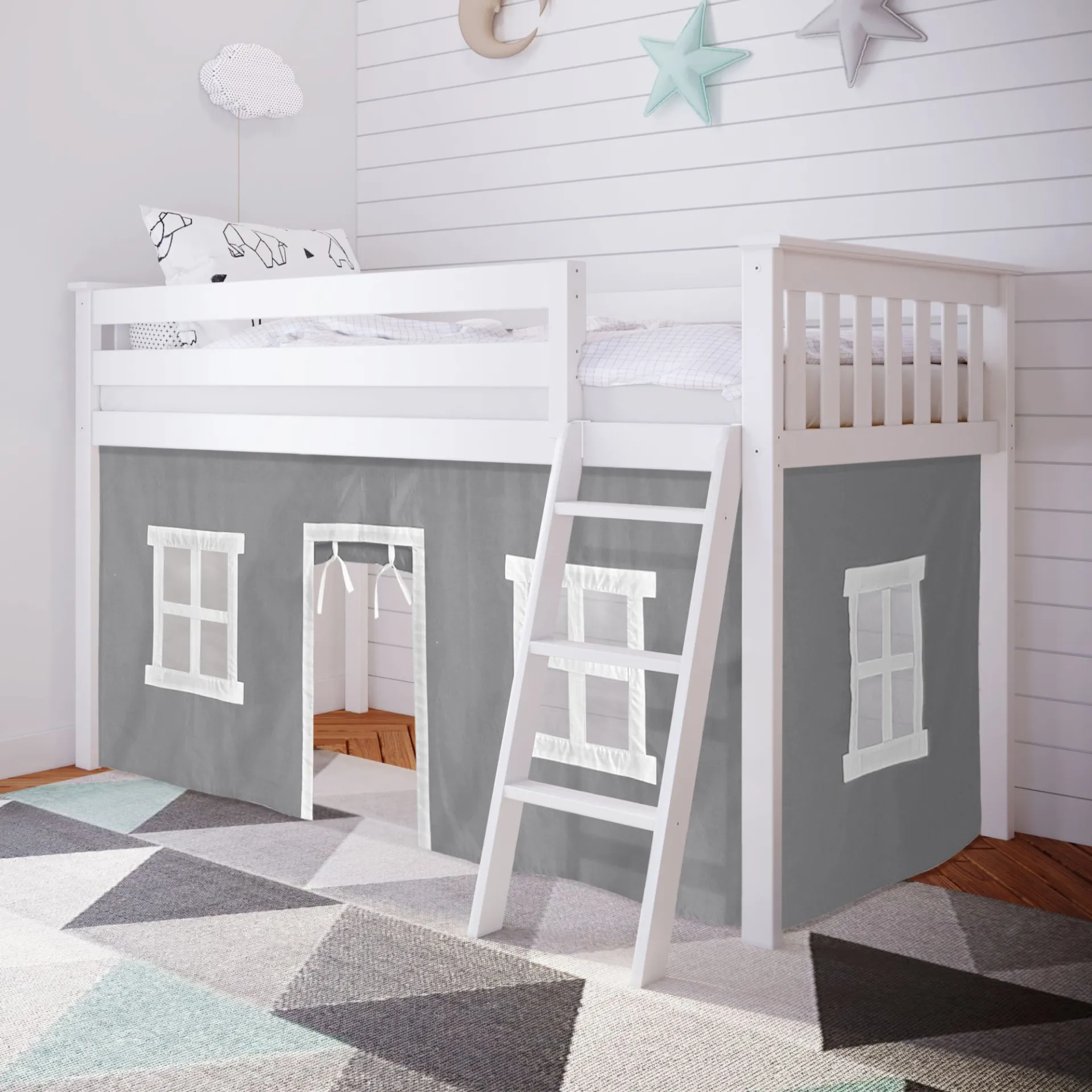 Kids Linnett White Twin Low Loft Bed with Gray Tent - Image 2