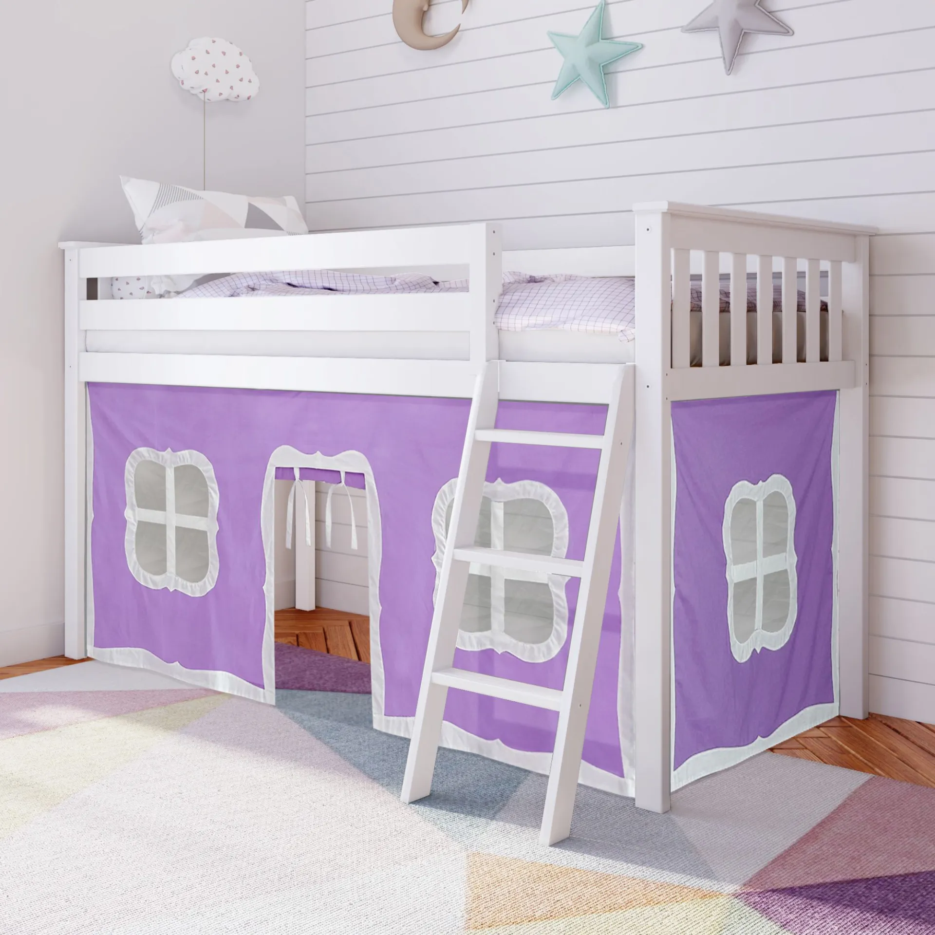 Kids Linnett White Twin Low Loft Bed with Purple Tent - Image 1