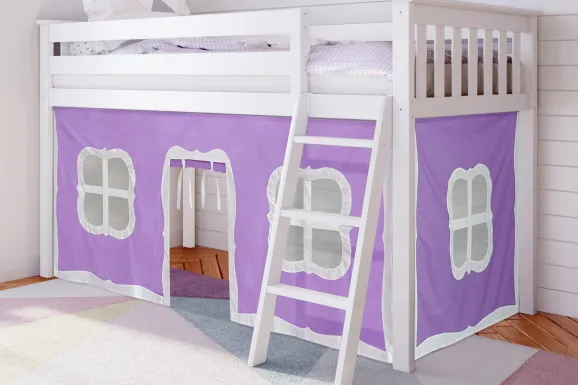 Kids Linnett White Twin Low Loft Bed with Purple Tent