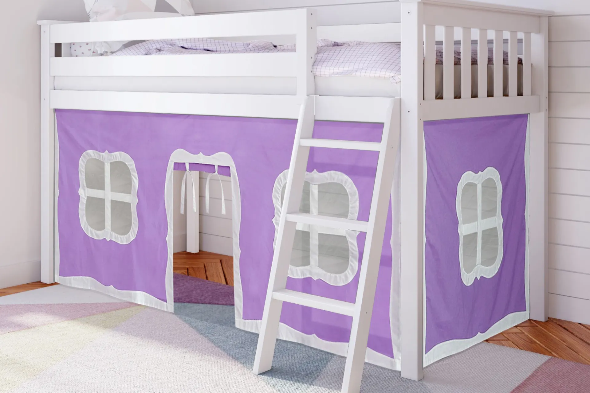 Kids Linnett White Twin Low Loft Bed with Purple Tent - Image 2