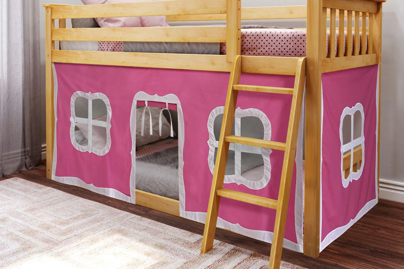 Kids Thorsten Beige Twin/Twin Low Bunk Bed with Pink Tent - Image 2