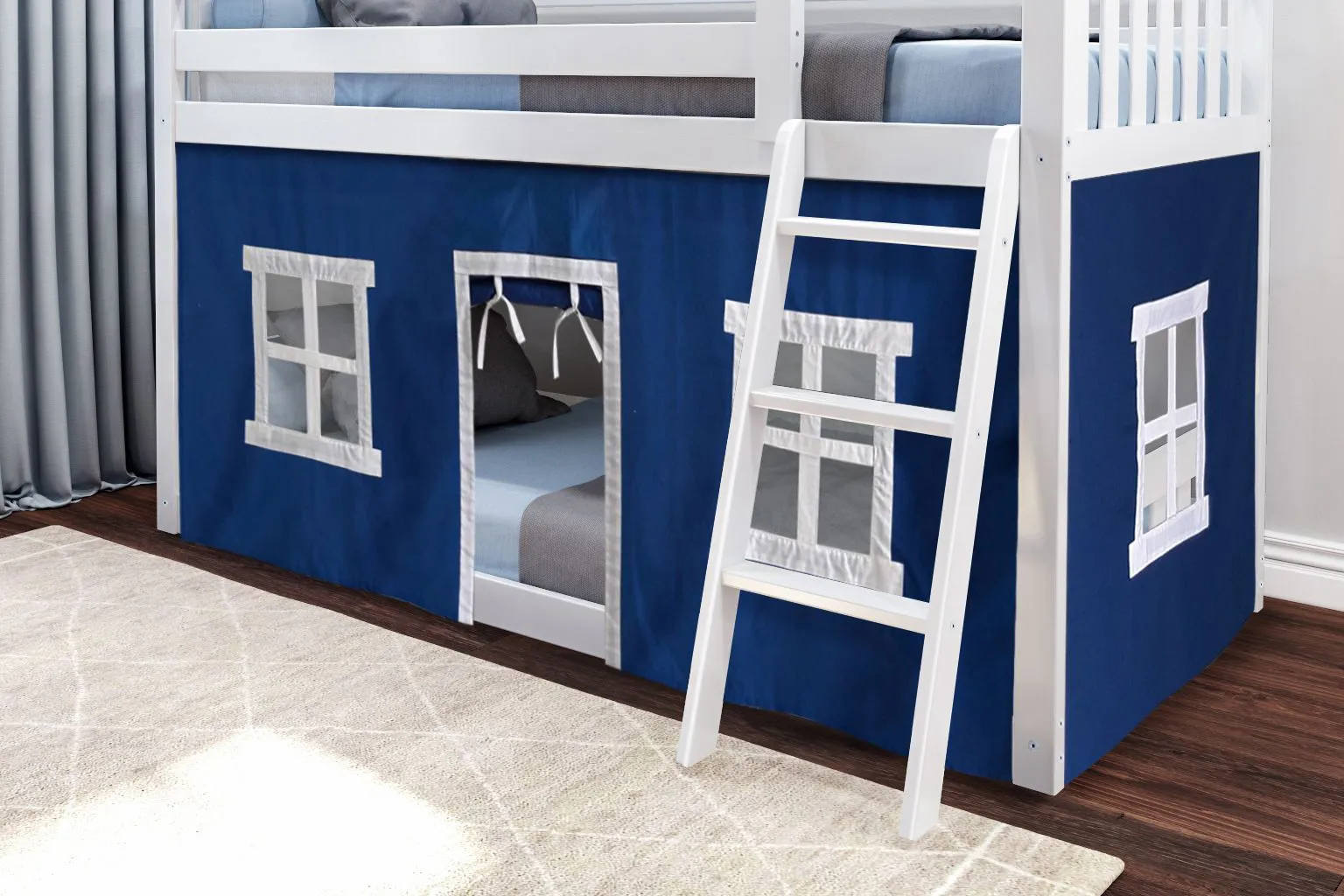 Kids Thorsten White Twin/Twin Low Bunk Bed with Blue Tent - Thumbnail - Image 2