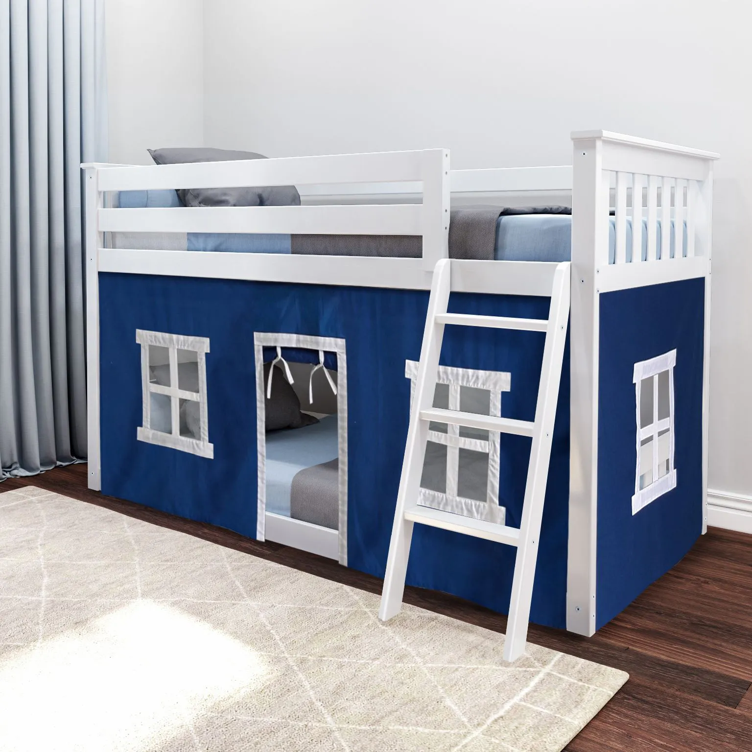 Kids Thorsten White Twin/Twin Low Bunk Bed with Blue Tent - Image 2