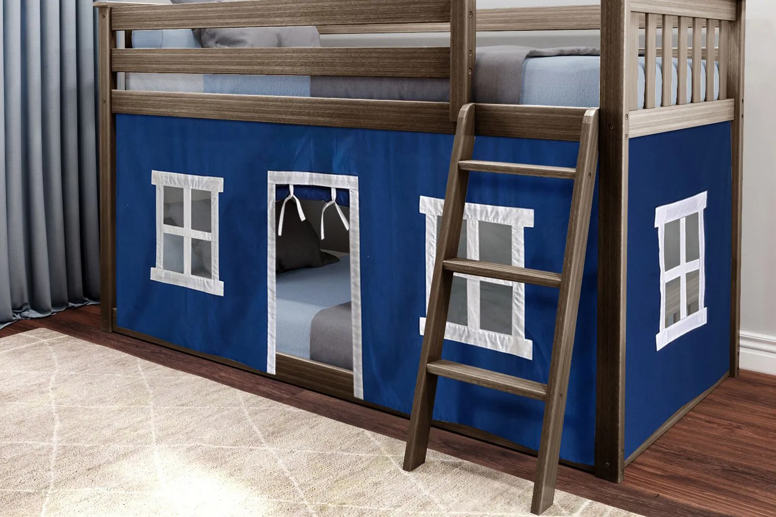 Kids Thorsten Brown Twin/Twin Low Bunk Bed with Blue Tent - Thumbnail - Image 2