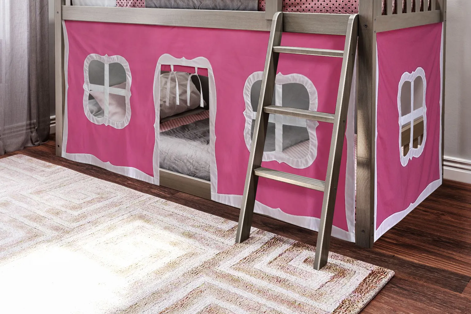 Kids Thorsten Brown Twin/Twin Low Bunk Bed with Pink Tent - Thumbnail - Image 2