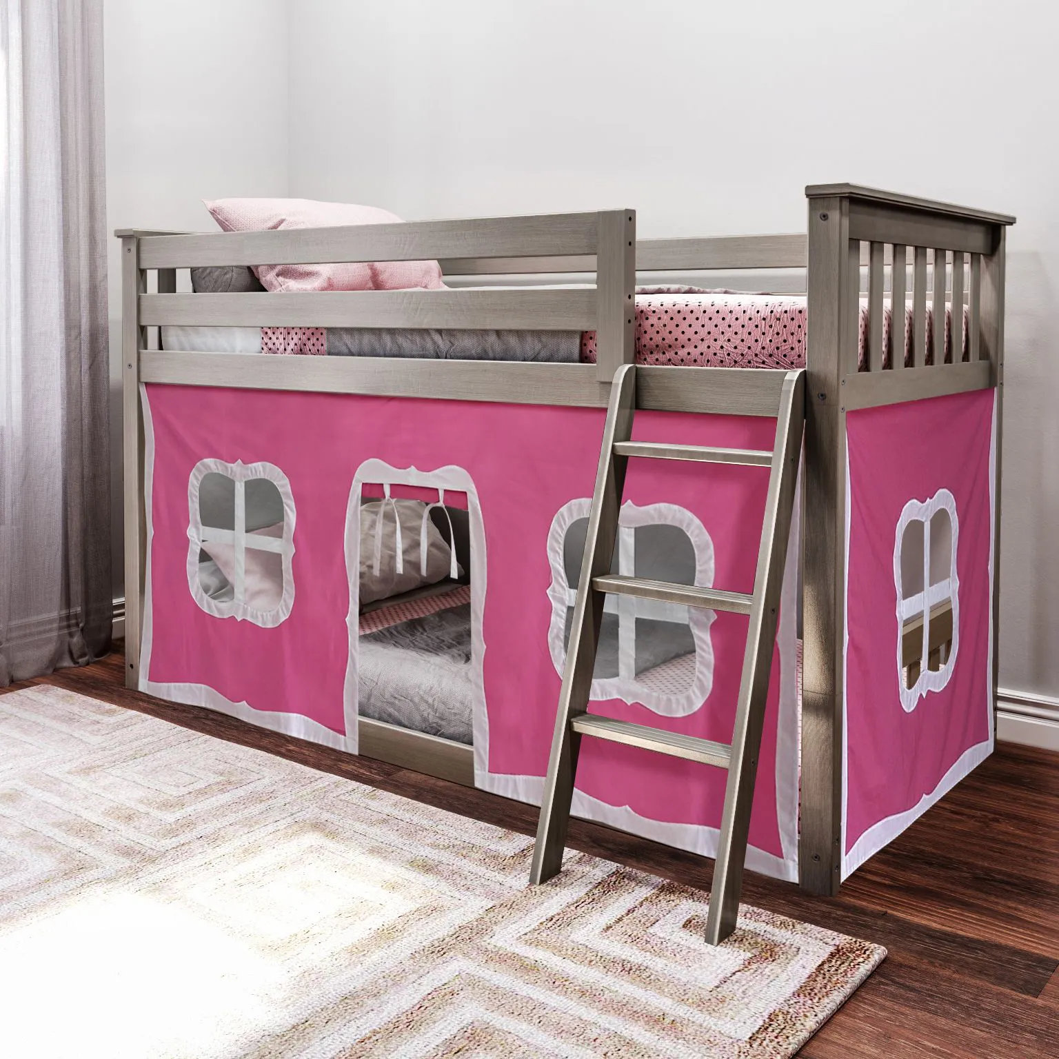 Kids Thorsten Brown Twin/Twin Low Bunk Bed with Pink Tent - Image 2