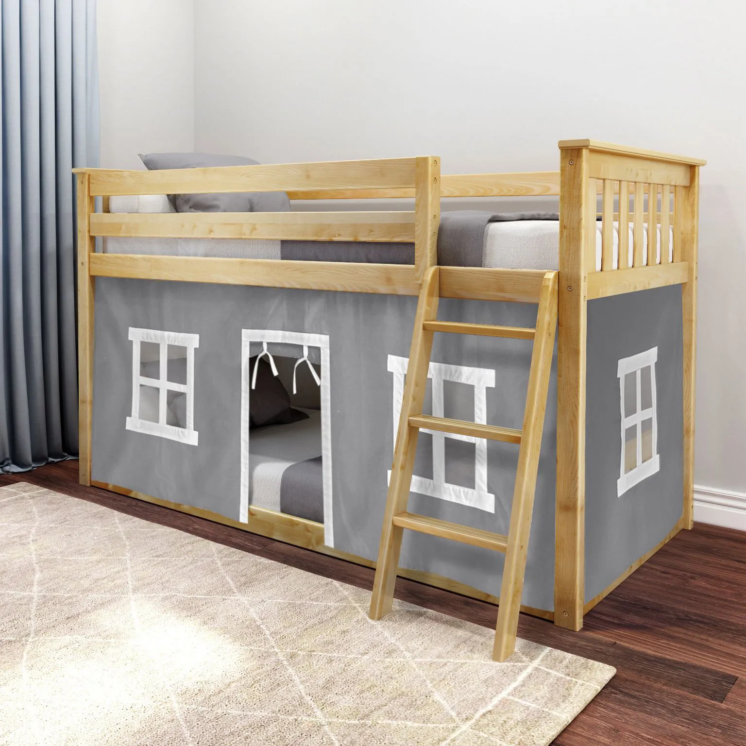 Kids Thorsten Beige Twin/Twin Low Bunk Bed with Gray Tent - Image 1