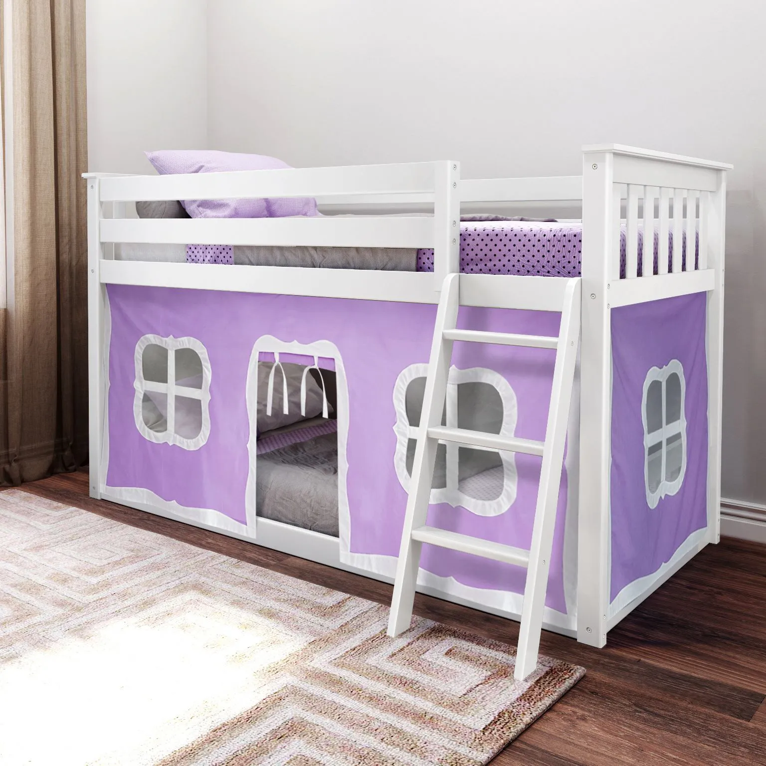 Kids Thorsten White Twin/Twin Low Bunk Bed with Purple Tent - Image 1