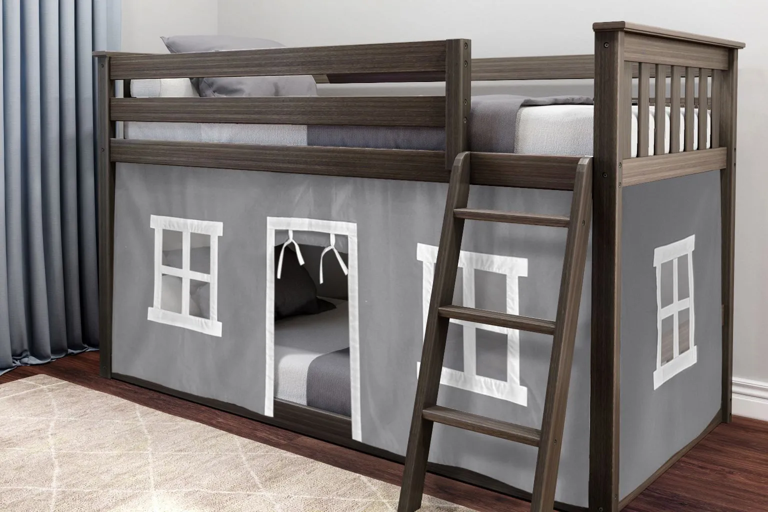 Kids Thorsten Brown Twin/Twin Low Bunk Bed with Gray Tent - Thumbnail - Image 2