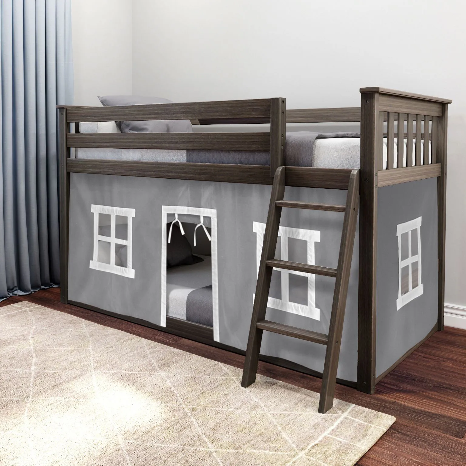 Kids Thorsten Brown Twin/Twin Low Bunk Bed with Gray Tent - Image 1