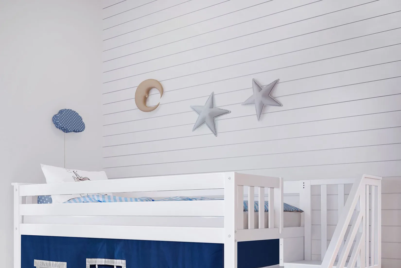 Kids Alekos White Twin/Twin Low Bunk Bed with Staircase and Blue Tent - Image 1