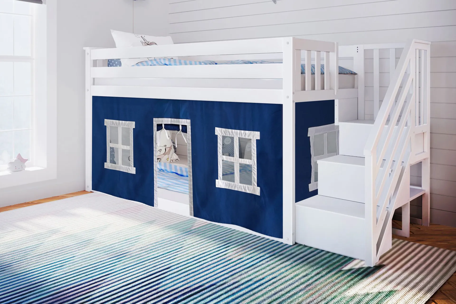 Kids Alekos White Twin/Twin Low Bunk Bed with Staircase and Blue Tent - Image 2