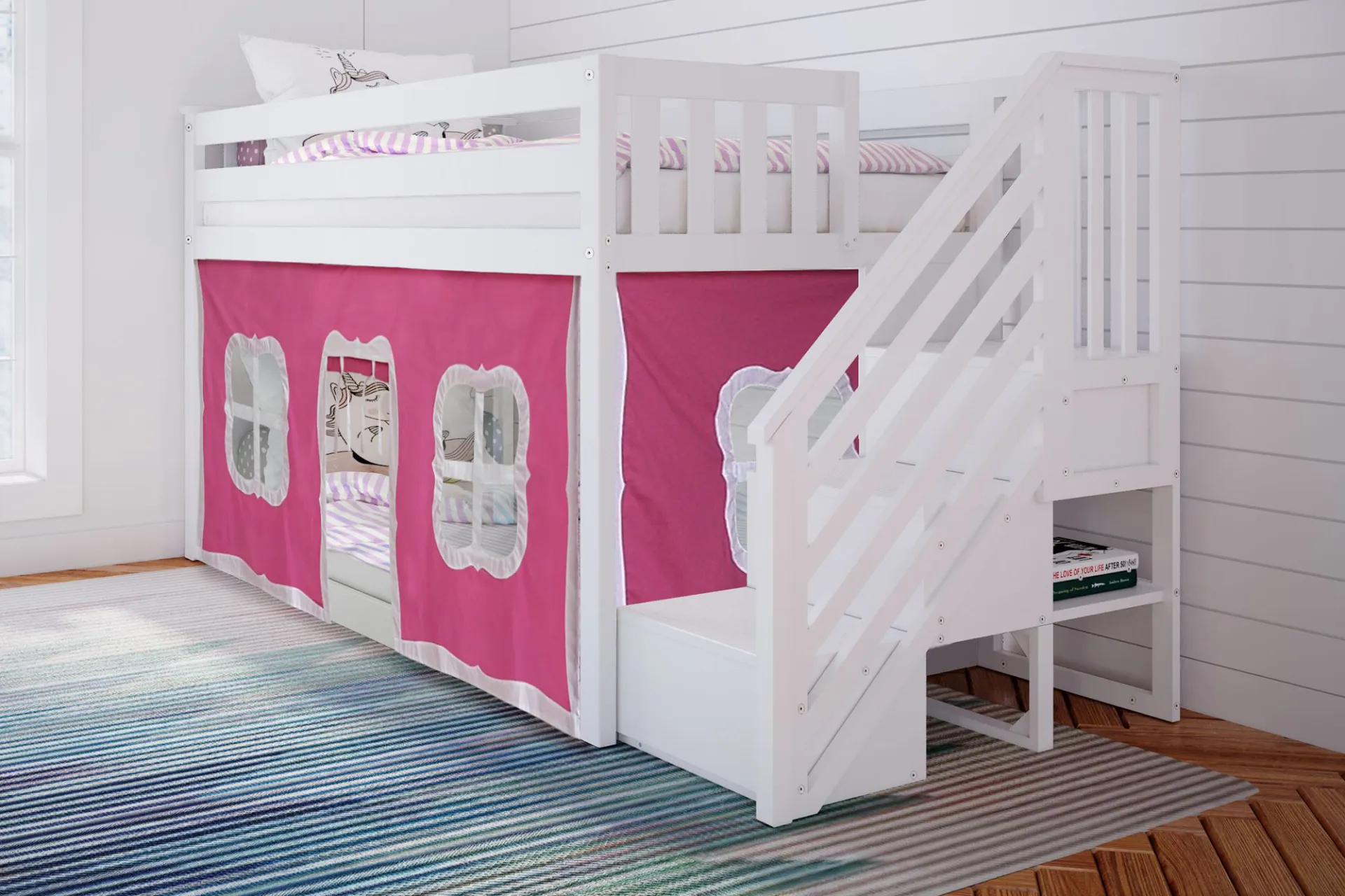 Kids Alekos White Twin/Twin Low Bunk Bed with Staircase and Pink Tent - Image 2