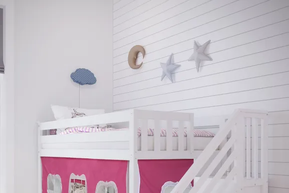 Kids Alekos White Twin/Twin Low Bunk Bed with Staircase and Pink Tent