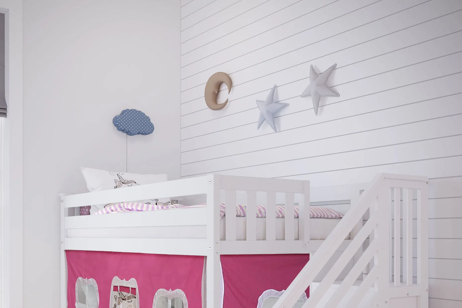 Kids Alekos White Twin/Twin Low Bunk Bed with Staircase and Pink Tent - Image 1