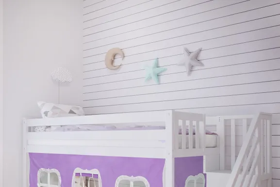 Kids Alekos White Twin/Twin Low Bunk Bed with Staircase and Purple Tent