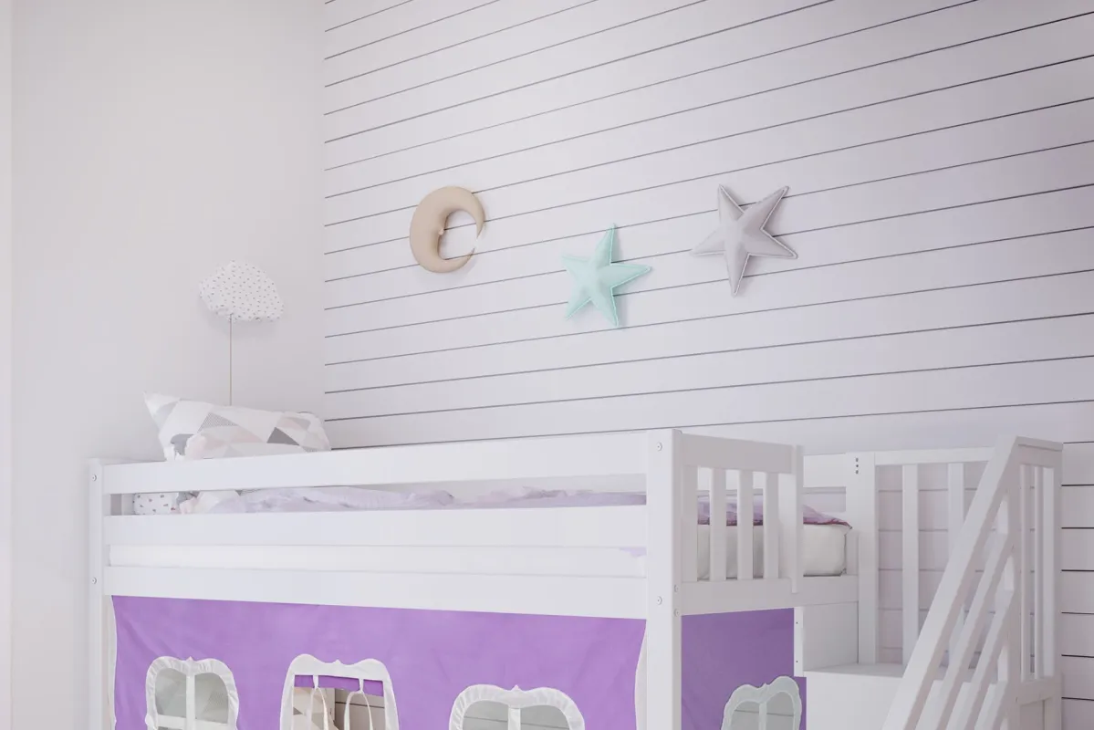 Kids Alekos White Twin/Twin Low Bunk Bed with Staircase and Purple Tent