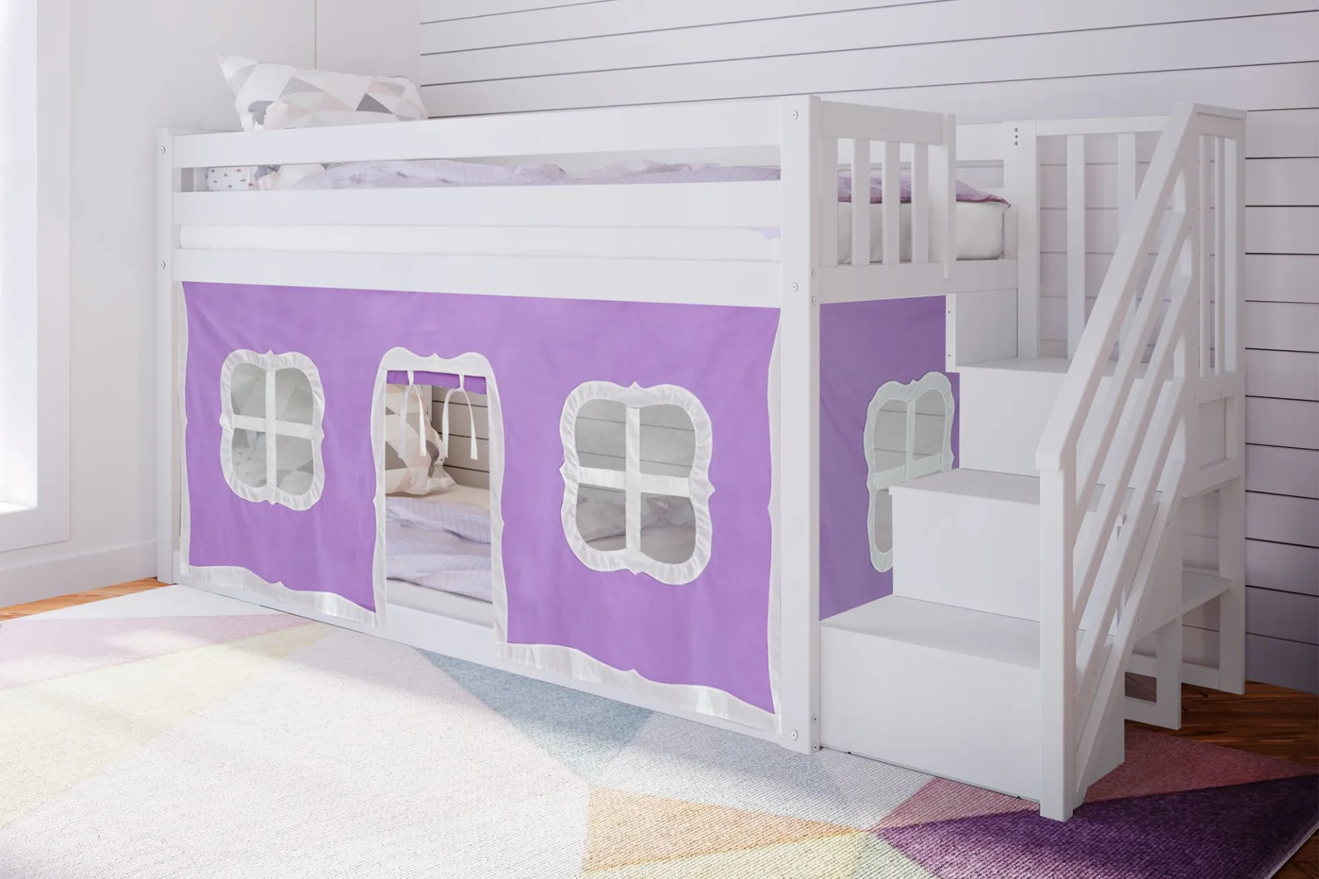Kids Alekos White Twin/Twin Low Bunk Bed with Staircase and Purple Tent - Image 2