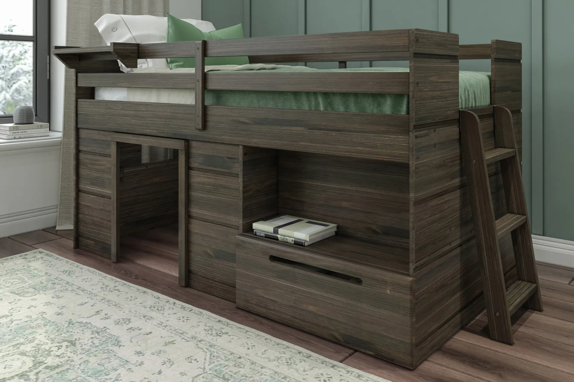 Kids Edenberry Brown Twin Loft Bed with 1 Drawer - Image 1