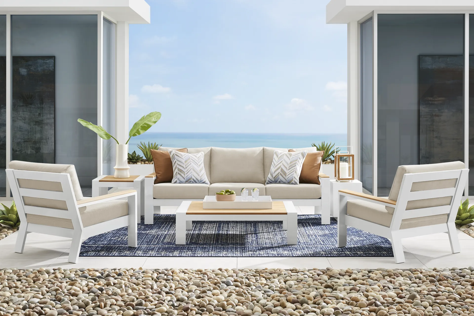 Solana White Outdoor Club Chair with Buff Cushions - Image 1
