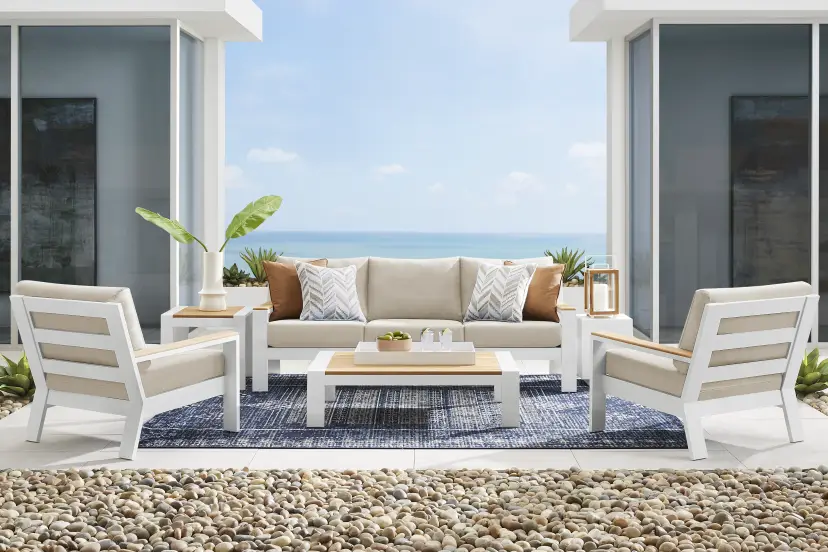 Solana White 3 Pc Outdoor Seating Set with Bisque Cushions