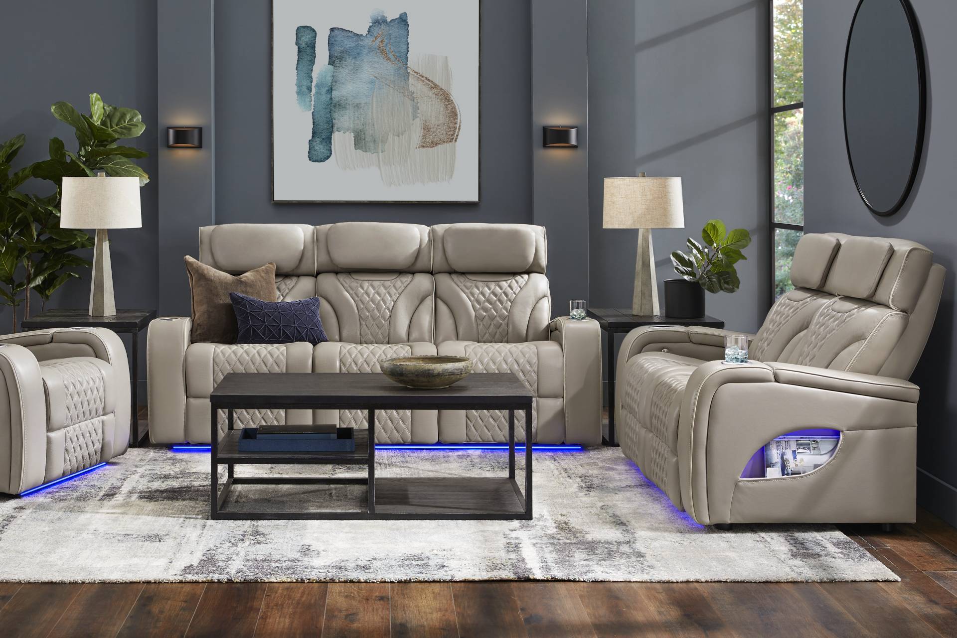 Horizon Ridge Beige Leather 6 Pc Living Room with Triple Power Reclining Sofa full room