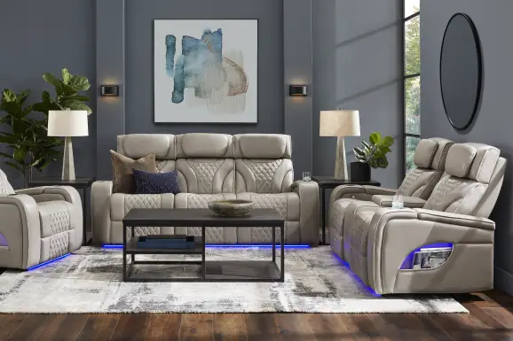 Horizon Ridge Beige Leather Triple Power Reclining Console Loveseat with Massage and Heat