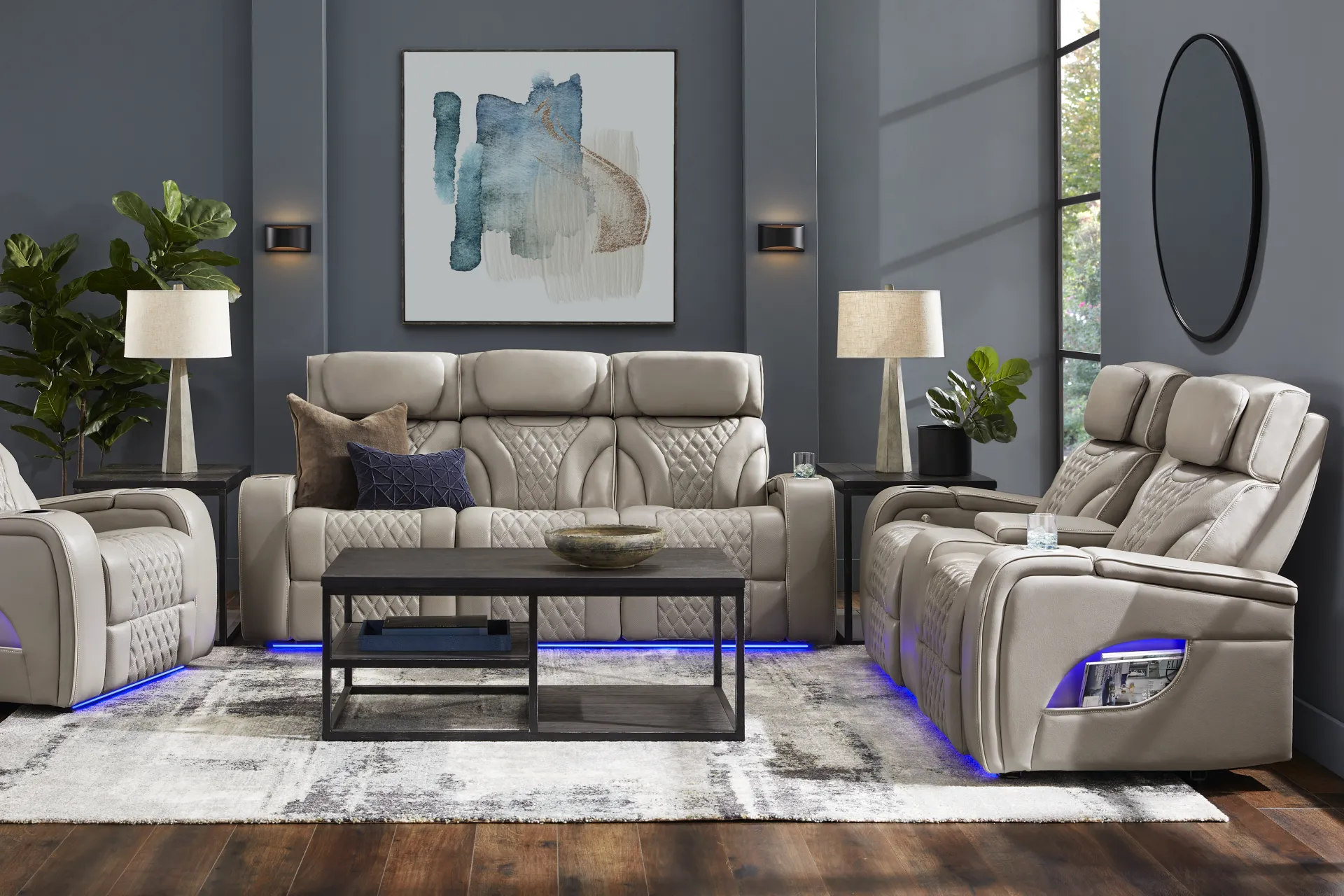 Horizon Ridge Beige Leather Triple Power Reclining Console Loveseat with Massage and Heat - Image 1