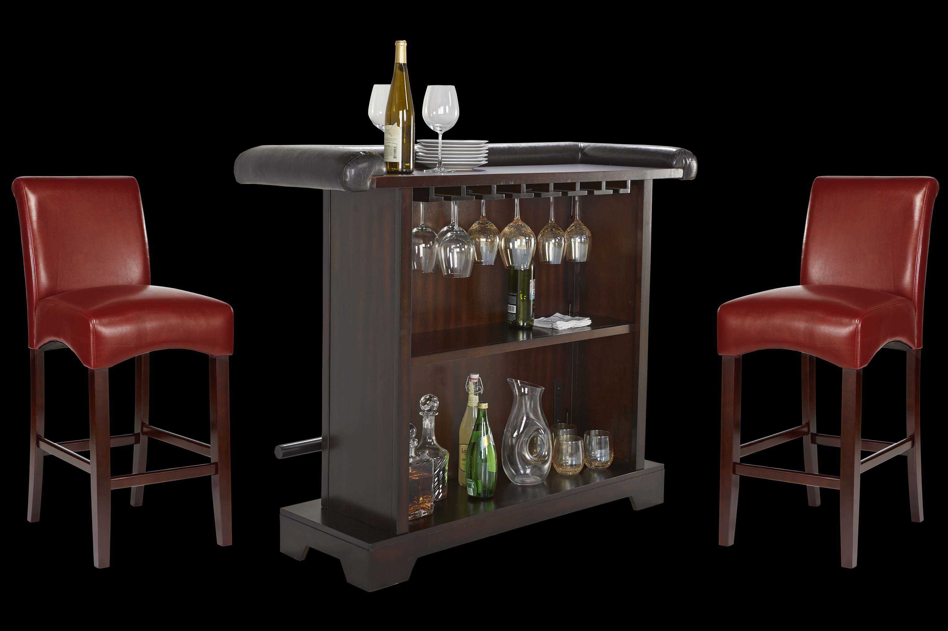 Galeno Cherry 3 Pc Bar Set with Red Barstools - Thumbnail - Image 1