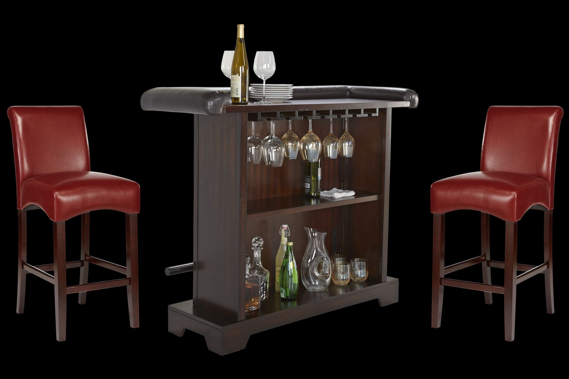 Galeno Cherry 3 Pc Bar Set with Red Barstools - Image 1