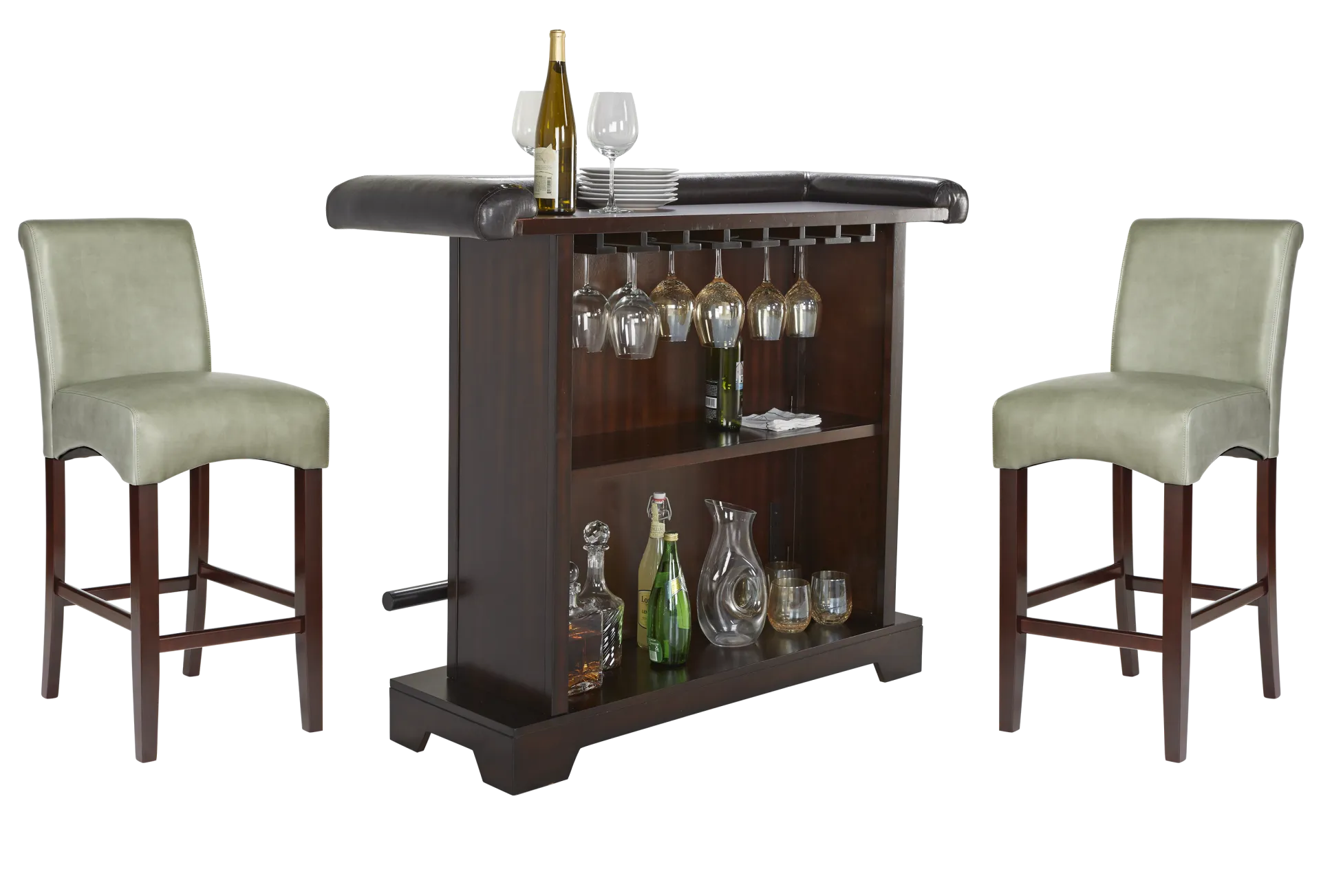Galeno Cherry 3 Pc Bar Set with Green Barstools - Image 1