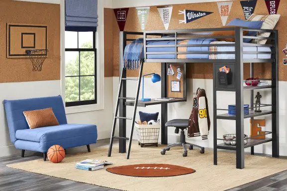 Kids Colefax Avenue Dark Gray Twin Loft Bed with Desk and Bookcase