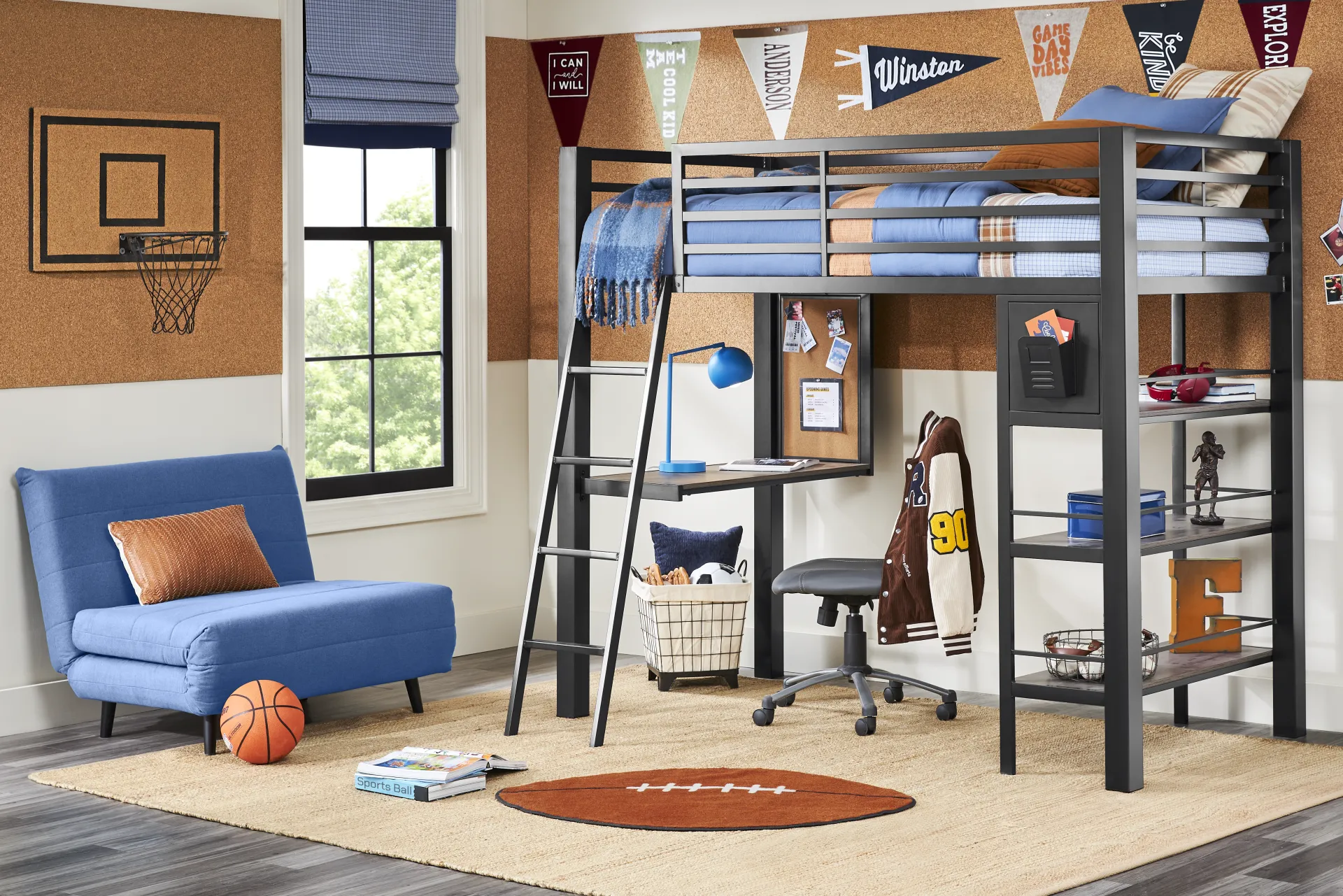 Kids Colefax Avenue Dark Gray Twin Loft Bed with Desk and Bookcase - Image 1