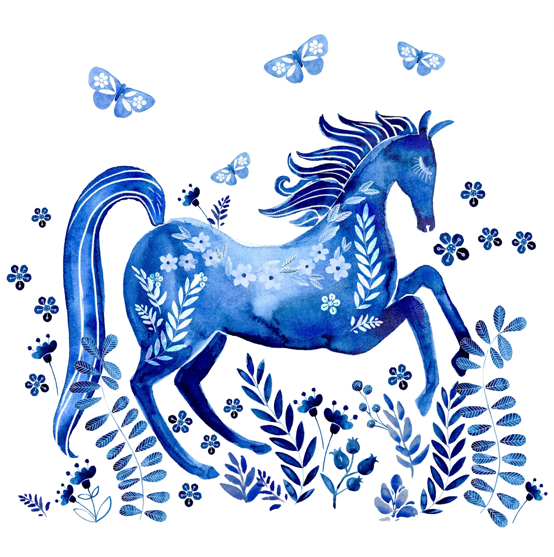Kids Horse in Blue White Artwork - Thumbnail - Image 1