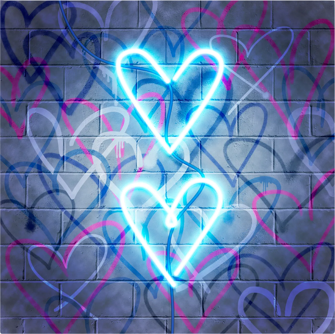 Kids Glowing Hearts Blue Artwork - Image 1